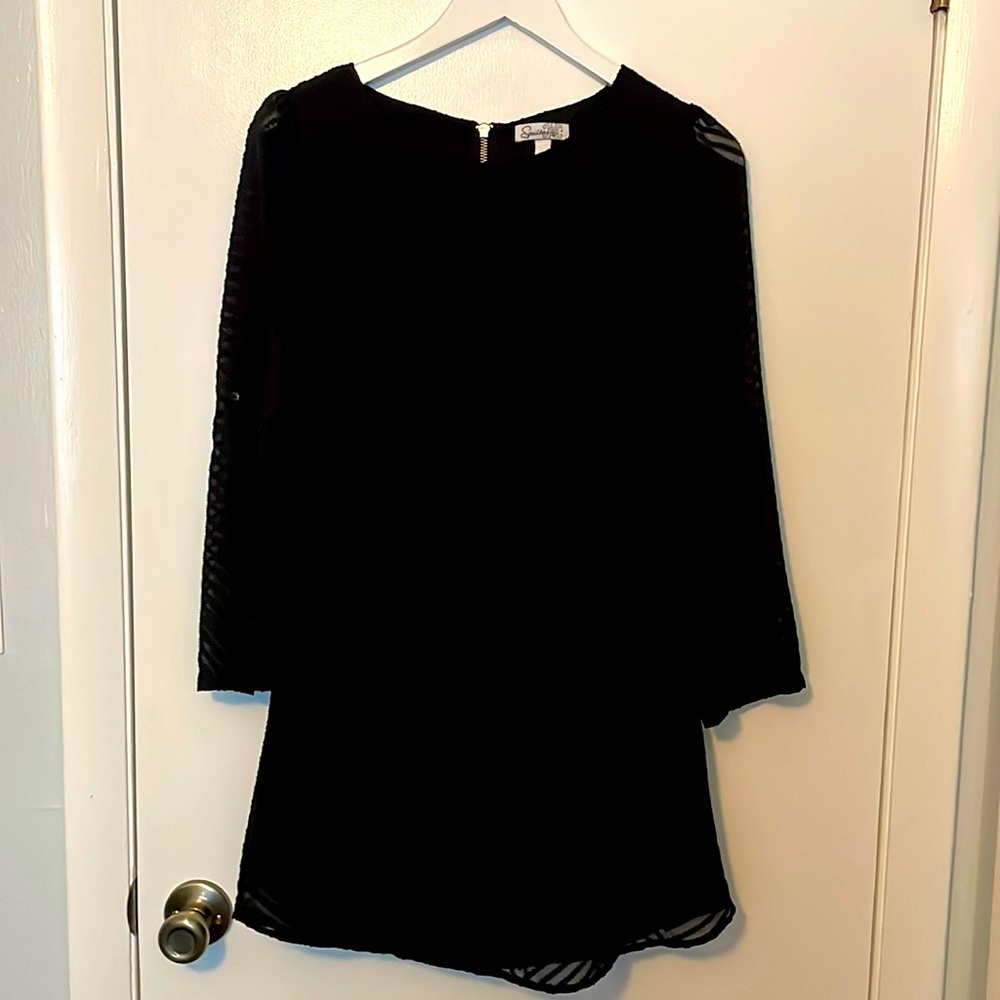 Speechless Women’s Black Trapeze Dress Sheer Sleeves Optional Button Up Sleeves